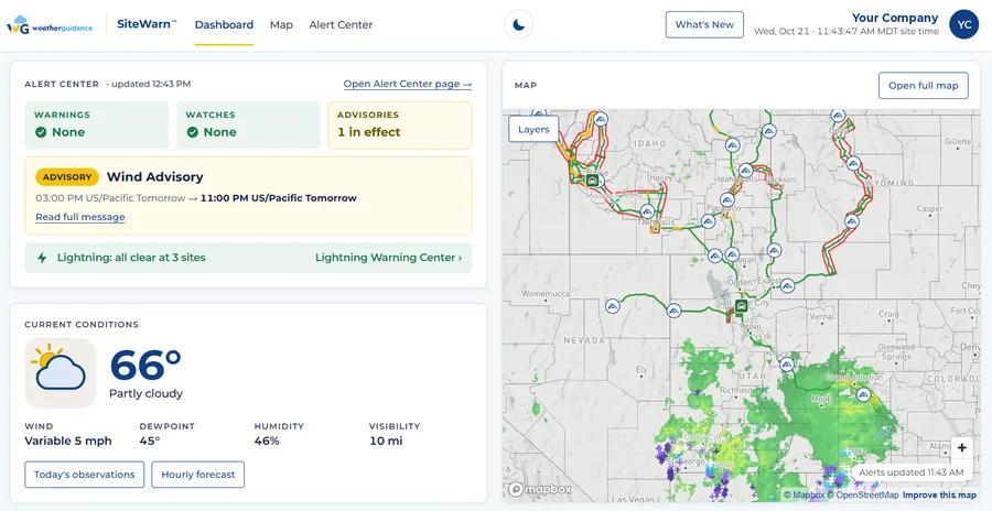 SiteWarn web portal dashboard: alerts, current conditions and a live map for the client's sites