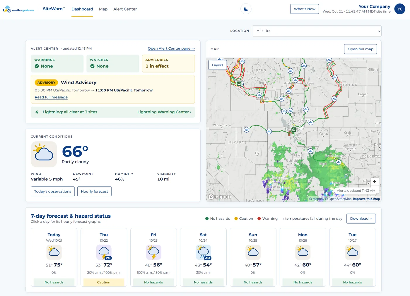 SiteWarn web portal dashboard: alert center, lightning status, current conditions, a live map of the client's sites with radar, and a seven-day forecast with hazard status for each day