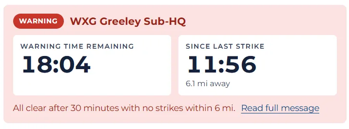SiteWarn Lightning Warning Center: a lightning warning for one site showing 18:04 of warning time remaining and 11:56 since the last strike, 6.1 miles away, with the all clear set for 30 minutes with no strikes within 6 miles