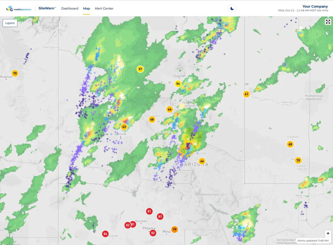 SiteWarn web portal map of central Arizona with radar, lightning strikes and current temperatures from weather stations
