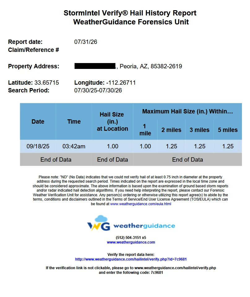 A Basic Verification hail history report: report date, property address, search period, and a table of hail dates with hail size at the location and the maximum within 1, 2, 3 and 5 miles, with a verification link
