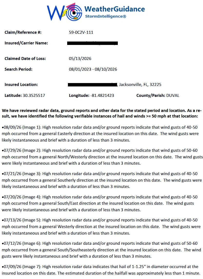 A Forensic Verification report: claim reference, insured location, search period, and a written summary of each verifiable hail and wind event at the location by date