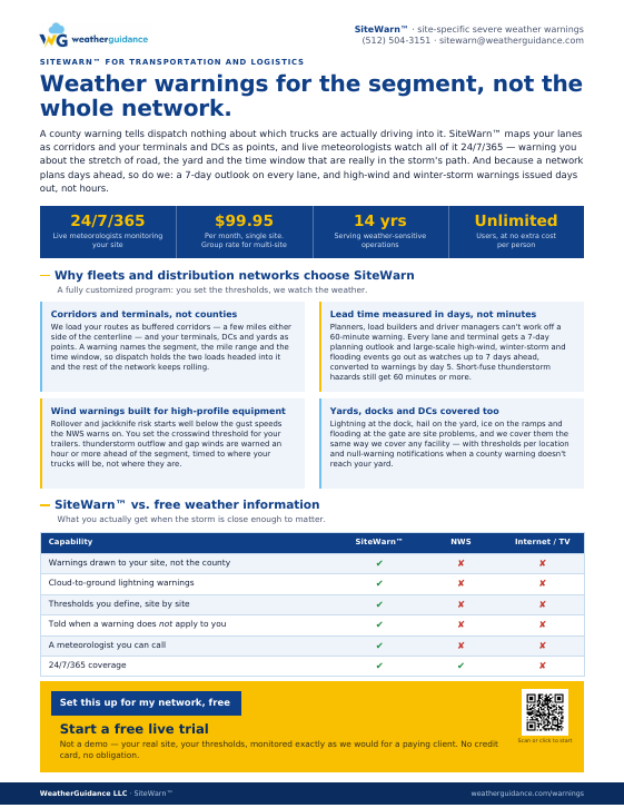 Preview of the one-page SiteWarn overview for Transportation and logistics
