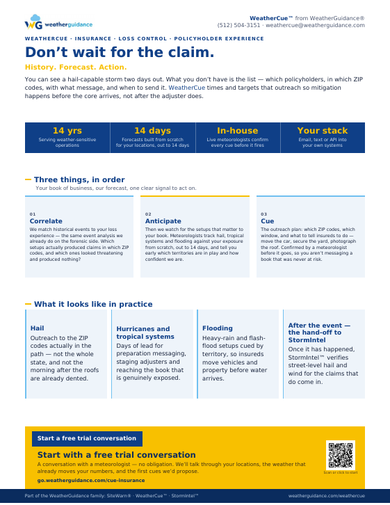 Preview of the one-page WeatherCue overview for insurance